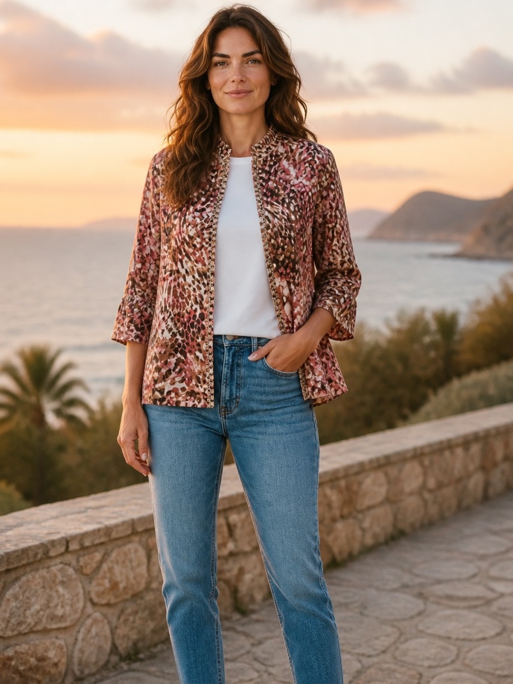 Chico's Jacket Blazer SZ-1 Open Front Embroidered Pink Brown 85% Linen Blend NWT
